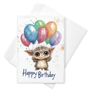 Niedliche Gizmo Geburtstagskarte | Gremlins Luftballons Design | Niedliche Sci-Fi Feier Karte