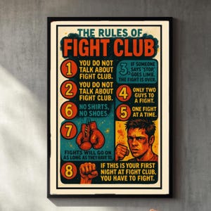 Puede incluir: Un póster de estilo vintage con el texto "The Rules of Fight Club" en letras rojas y negritas. El póster enumera ocho reglas del Fight Club, con cada regla numerada e ilustrada con un guante de boxeo o la cara de un hombre. El póster tiene un esquema de color amarillo, rojo y azul.
