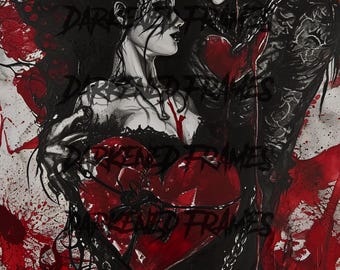 May include: A black and white illustration of a couple embracing, with a large red heart in the center. The heart is cracked and chained, with blood splatters surrounding the couple. The words "Darkened Frames" are repeated throughout the image.