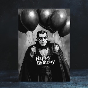 Black & White Dracula Geburtstagskarte mit Luftballons | Gothic Vampir Gruß | "Gespenstischer Grusel-Humor"
