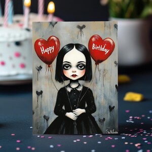 Montag Geburtstagskarte mit Herz Luftballons | Gothic Schwarzer Humor | Gruselige Addams Family Fun