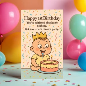 Baby's Big Nothing – zabawna parodia kartki urodzinowej na 1. urodziny, sarkastyczny humor, kartka okolicznościowa, styl retro, pieczeń dla malucha