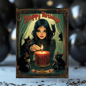 Chats de minuit et magie des bougies | Carte d'anniversaire sorcière gothique, chats noirs, gâteau occulte, célébration effrayante, voeux de sorcellerie