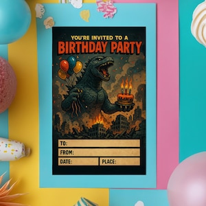 Convite Monster Bash – Cartão de Aniversário Godzilla | Arte de Paródia, Download Digital, Convite Engraçado, Papelaria Kaiju para Imprimir