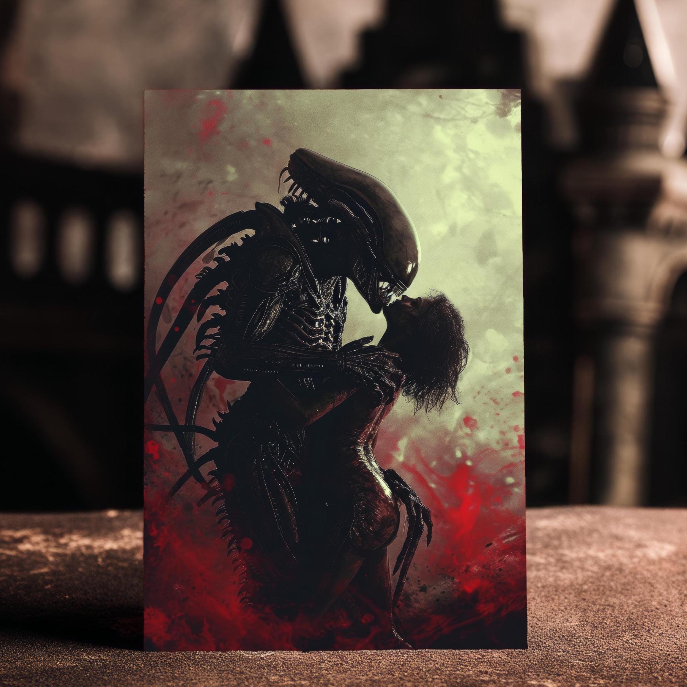 Alien-themed Valentine's Card, Xenomorph Human Romance, Sci-fi Love ...
