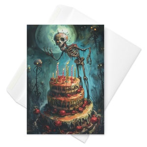 Skeletal Surprise - Gothic Geburtstagskarte, Skelettmann auf Torte, einzigartiges gruseliges Geburtstagsabenteuer, humorvoller Horrorgruß