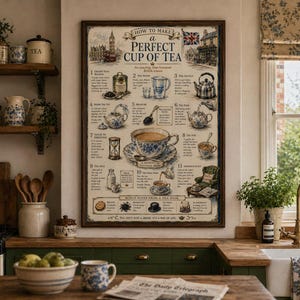 Puede incluir: En una cocina, un póster enmarcado titulado "How to Make a Perfect Cup of Tea" está colgado. El póster presenta ilustraciones e instrucciones para preparar té. La cocina cuenta con estantes de madera, un fregadero y una ventana.