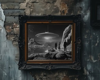 Stampa artistica vintage di fantascienza UFO, scena di paesaggio desertico, incontro alieno, navicella spaziale retrò, spettatori, arredamento extraterrestre EDIZIONE LIMITATA