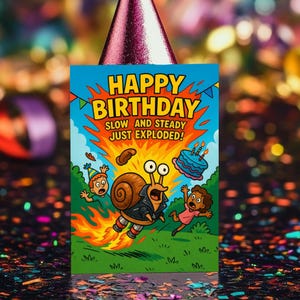 Blast Off Birthday Snail – Cartão de aniversário engraçado de caracol foguete, humor de paródia, explosão lenta e constante