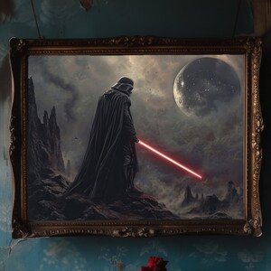 Mörk kontemplation - Darth Vader konsttryck, Star Wars-inspirerat, begränsad upplaga, röd ljussabel, galaktisk skurk, dyster planetscen