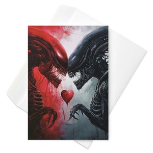 Cartão de Dia dos Namorados com Alien Xenomorfos se Tocando - Ficção Científica, Único e Romântico
