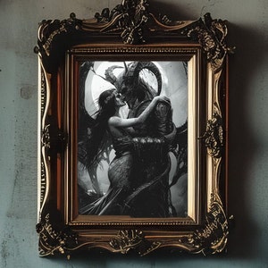 Satans Umarmung - Gothic Kunstdruck, schwarz und weiß, Atemberaubende satanische Braut, limitierte Auflage, düster schön