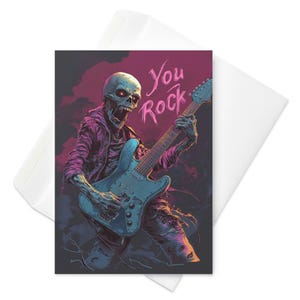Tarjeta divertida con la frase "You Rock", de un rockero no muerto, con un guitarrista esqueleto, saludo de heavy metal, regalo para amantes de la música