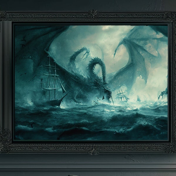 Epische gotische Leviathan Schlacht Kunstdruck, Seeungeheuer vs Schiff, nautisches gotisches Dekor, ozeanisches Fantasy Kunstwerk, maritimes Abenteuer