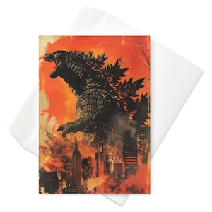 Destruction urbaine de Godzilla - carte d'anniversaire artistique, chaos monstre, chaos du paysage urbain, voeux à collectionner