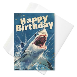 Tarjeta de cumpleaños con gran tiburón blanco: inspirada en la película Tiburón / Saludos por ataque de tiburón / Divertida tarjeta con temática gótica del océano