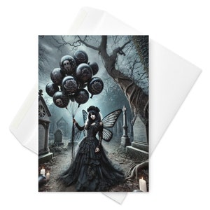 Cartão de aniversário de fada gótica encantada - fantasia sombria, arte caprichosa, saudação exclusiva, balões míticos