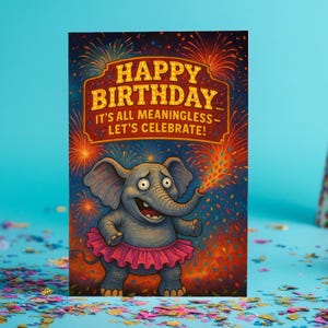 Existential Elephant Bash – Cartão de aniversário engraçado, humor absurdo, fogos de artifício, paródia de celebração sem sentido