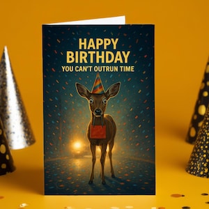 Veado nas Luzes de Aniversário – Cartão de Aniversário Engraçado, Humor Existencial, Paródia de Envelhecimento, Saudação de Humor Negro