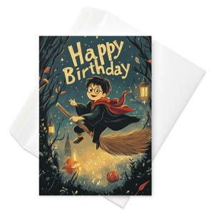 Desideri del mago in volo – Biglietto di compleanno magico, scopa volante, ragazzo mago, auguri fantasy, compleanno per bambini, libresco, foresta incantata
