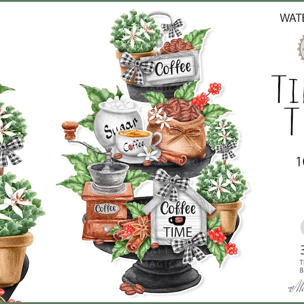 Coffee Tiered Tray png clipart, Watercolor Tiered Tray summer decor, Sublimation Design, Printable Coffee time Farm Tray, tiered tray coffee