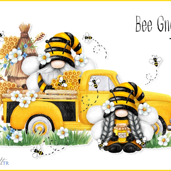 Watercolor Bee Gnomes png, Bee gnome truck sublimation, Honey Bee Gnomes clipart, Gnome summer, Hand drawn summer gnomes digital download