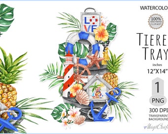 Beach tiered tray PNG clipart, Watercolor Summer tiered tray decor Sublimation Design png, tiered tray Summer, Seaside Ocean Clipart png