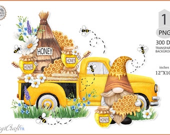 Aquarelle Bee Gnome png, sublimation de gnome d'abeille, clipart de gnome d'abeille de miel, été de Gnome, gnome dessiné à la main, téléchargement numérique de png de gnome d'été