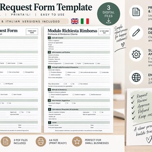 May include: A digital refund request form template in English and Italian, featuring sections for customer information, order details, refund reasons, and internal use. The document includes fields for logos, checkboxes, and signatures in a clean layout.