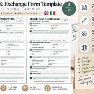 May include: A digital return and exchange form template in English and Italian, featuring sections for customer information, item details, return reasons, and signatures. The document includes a printable layout with a clean, professional design.