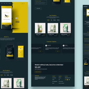 Puede incluir: Página de inicio del sitio web de una empresa de café llamada "Captivate". El sitio web presenta un fondo oscuro con acentos amarillos. La página de inicio incluye una sección sobre la empresa, una sección sobre sus productos y una sección sobre las opiniones de los clientes. El sitio web también incluye una llamada a la acción para convertirse en miembro y obtener un 10% de descuento.