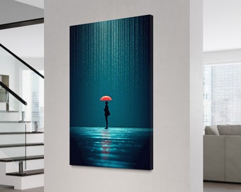 Radiant Umbrella Delight Wall Art, Umbrellas in the Dark Art, Water Drops Wall Art, Minimalism Art Paint, Teal and Red Canvas