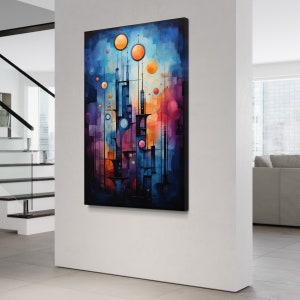 Cityscape with Orange Balls Canvas Wall Art, Dark Cyan and Magenta Tones, Painting of Clouds, Chicago Imagists, Precision Painting