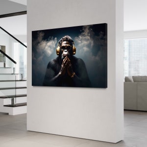 May include: A black and gold gorilla wearing headphones and sunglasses, with smoke in the background.