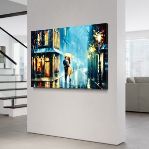 Love in the Rain Canvas Wall Art, Lovely Couple Painting, Rainy Street Wall Art, Large Canvas, Rain Kissing Wall Art, Oil Painting Wall Art