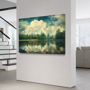 Rowing Boats on a Serene Lake Wall Art, Canvas Modern Art Print, Reflections Painting, Tranquility Art, Painting for Living Room