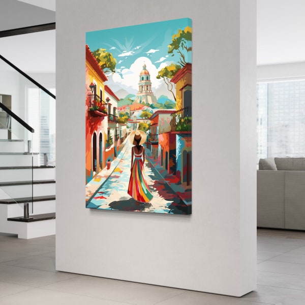 Mexican Street Vibes Wall Art, Canvas Print, Colorful Mexico Art, Sunny Day Street Scene, Lovely Lady with Sombrero, Latin Print