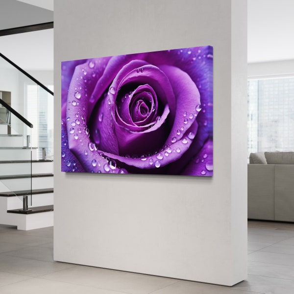 Purple Rose Canvas Wall Art, Macro Flower Wall Art, Water Drops on Flower Wall Art, Large Canvas, Wet Rose Wall Art, Minimal Wall Decor