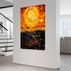 Abstract Rising Sun Painting, Canvas Wall Art, Oil Painting, Sunshine Painting, Large Canvas, Ocean Art, Yellow and Black Wall Decor