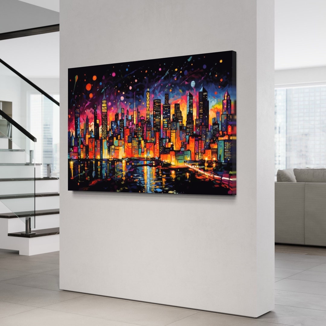 Modern Canvas Print Wall Art, Vibrant City Glow Art, Pop Art Black ...