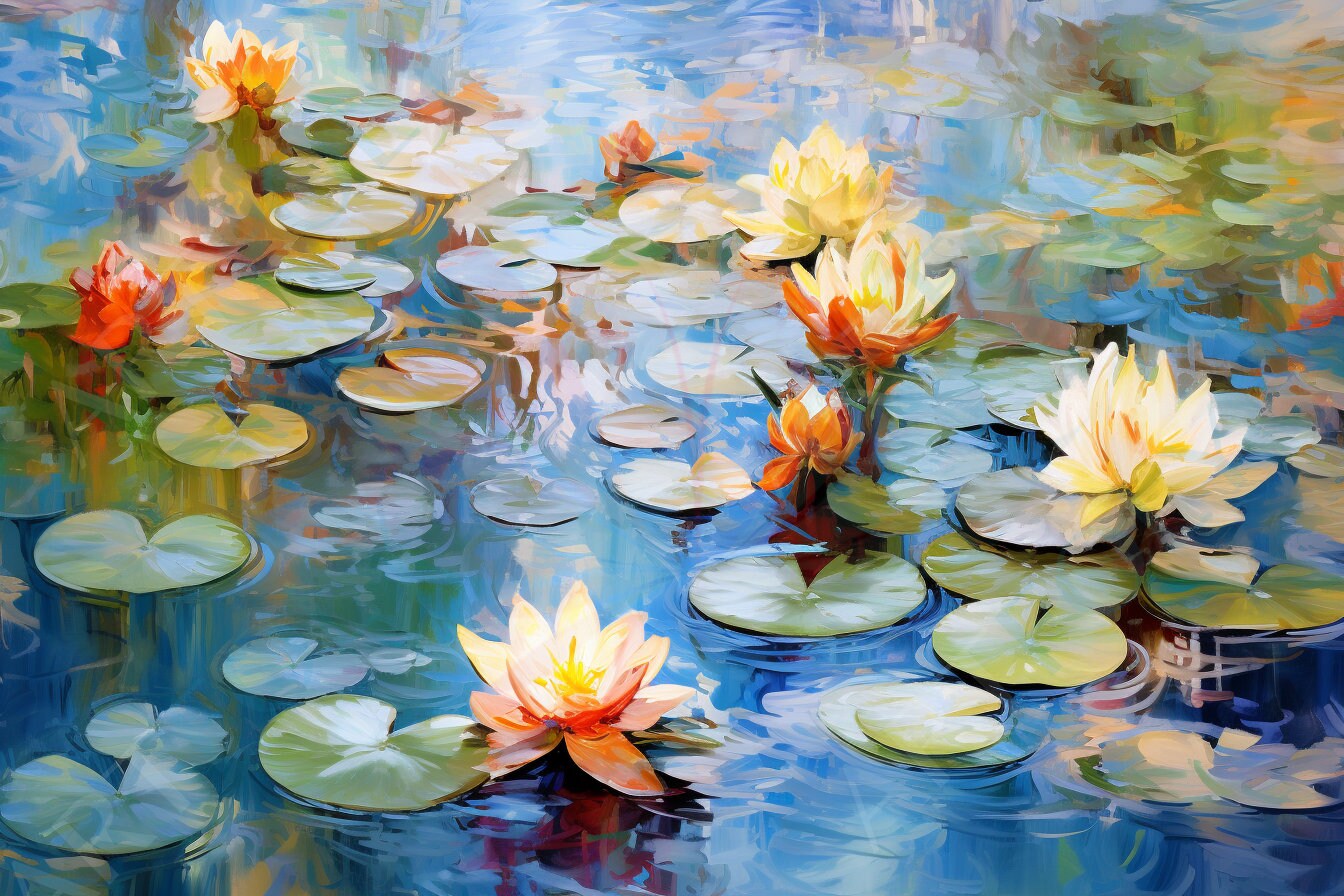 Water Lilies in Blue Lake Wall Art, Oil Painting Wall Art Canvas