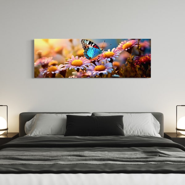 Blue Butterfly Canvas Wall Art, Butterfly on Pink Flowers Wall Art, Macro Wall Art, Large Canvas, Sunset Wall Decor, Panoramic Wall Art