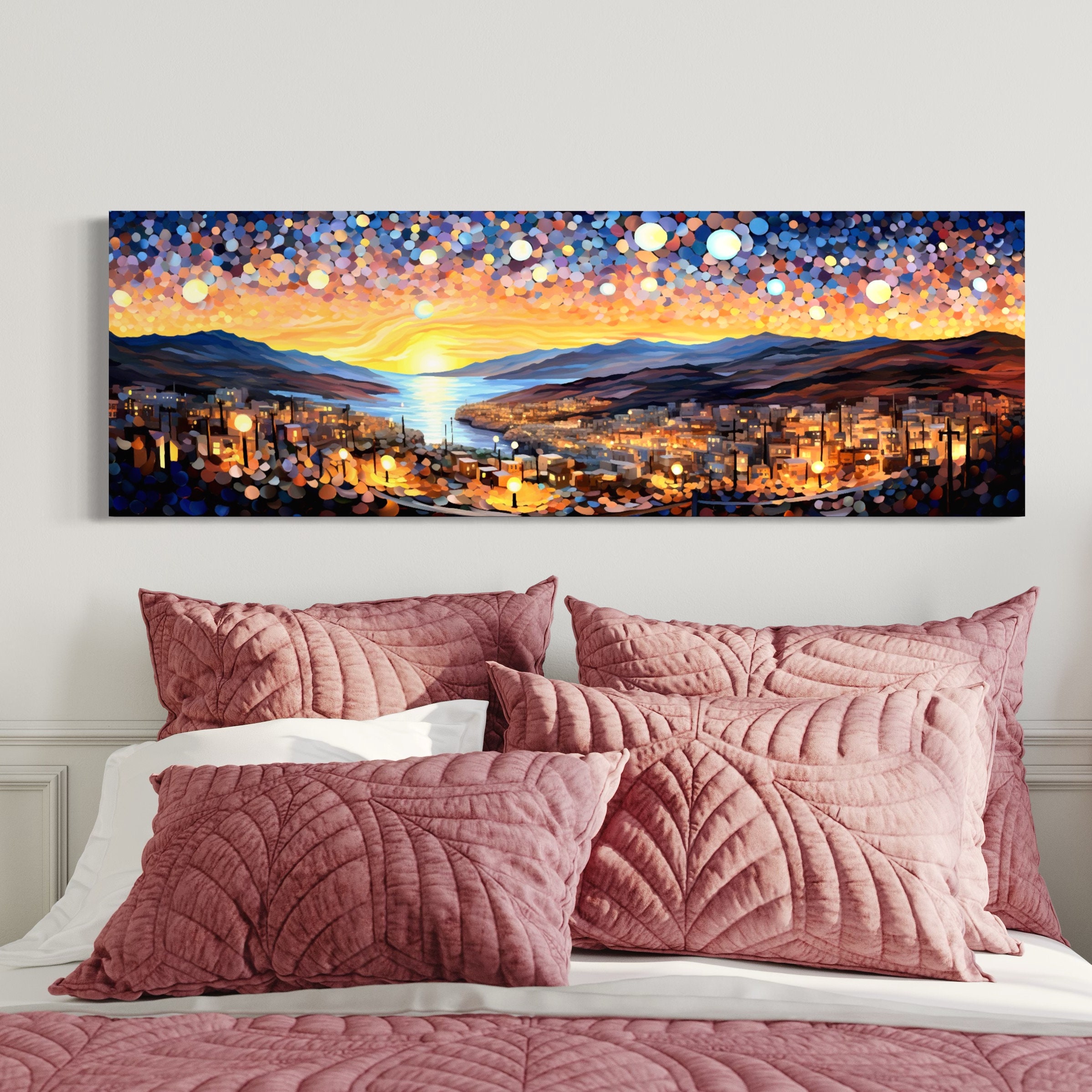City Lights Wall Art, Mountains at Night Painting, Sky Full of Stars