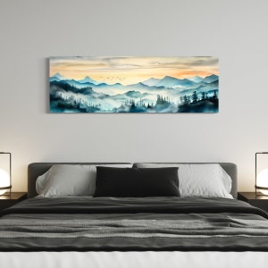 Foggy Mountains Canvas Wall Art, Watercolor Painting, Watercolor Landscape, Wide Canvas, Large Canvas, Panoramic Wall Art, Housewarming Gift