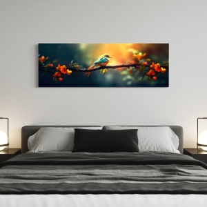 A Bird On A Branch Wall Art, Colorful Bird Painting, Close-Up Wall Art, Large Canvas, Panoramic Wall Art, Nature Wall Decor