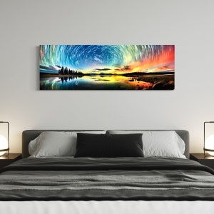 Timelapse Stars Canvas Wall Art, Aurora Borealis Wall Art, Northern Lights Wall Art, Large Canvas, Vibrant Wall Art, Panoramic Wall Art