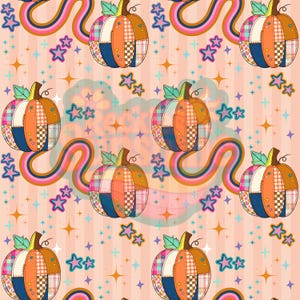 May include: A repeating pattern featuring patchwork pumpkins with orange, blue, and plaid segments, accented by green leaves. The design includes colorful wavy rainbow lines, small blue stars, and four-pointed gold sparkles on a light peach striped background.