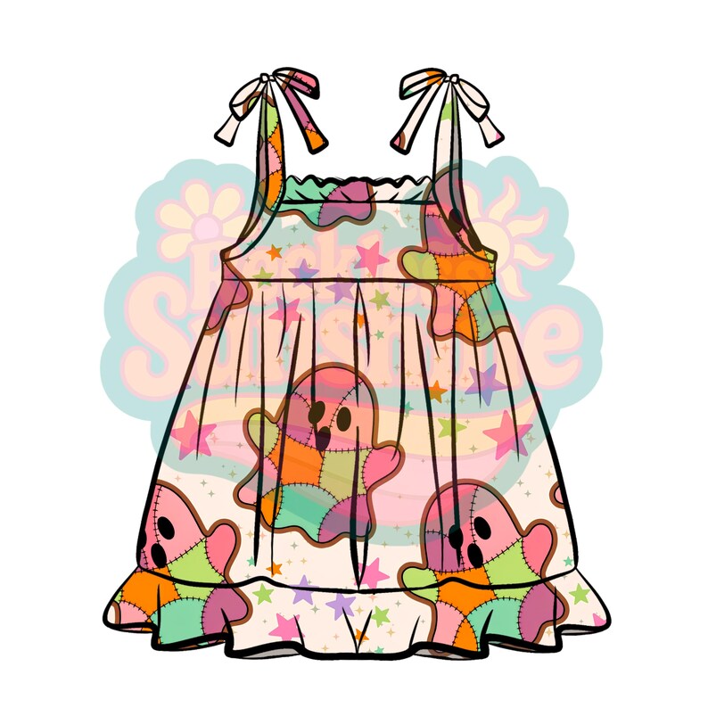 May include: A sleeveless dress with a ruffled hem and tie-shoulder straps, featuring a repeating pattern of multi-coloured patchwork ghosts and small stars in shades of pink, orange, green, and purple against a light cream background.