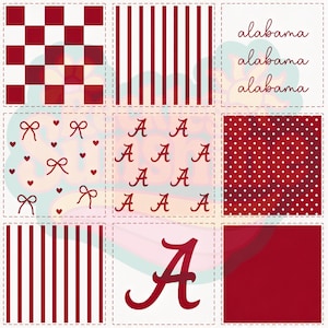 Könnte beinhalten: Ein Raster aus neun quadratischen Feldern mit rot-weißen Mustern. Die Designs umfassen ein rotes Schachbrettmuster, vertikale Streifen, das Wort alabama in Schreibschrift, Schleifen und Herzen, den Buchstaben A mehrfach, weiße Punkte und ein großes A.