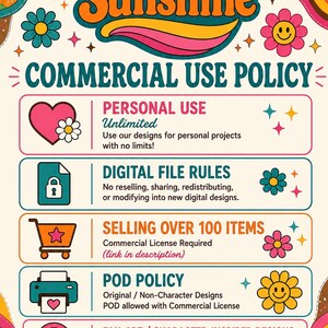 May include: A commercial use policy graphic for Reckless Sunshine featuring colourful retro flower icons and text. It outlines rules for personal use, digital files, selling over 100 items, print-on-demand, and fan-art, ending with a thank you note.